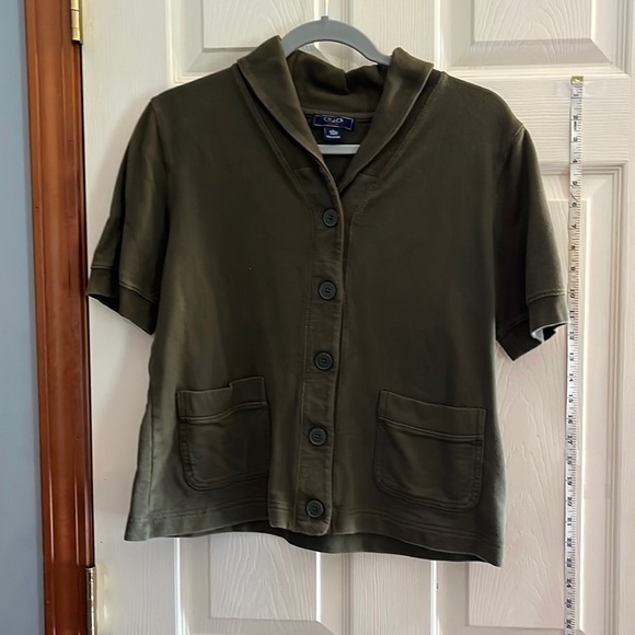 chaps denim-size L-green 100% cotton knit short sleeve jacket, button down front - Picture 1 of 9